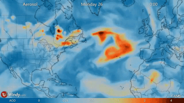 Imagen de satélite compartida por Copernicus sobre la evolución de la calidad del aire como consecuencia de los incendios de Canadá
