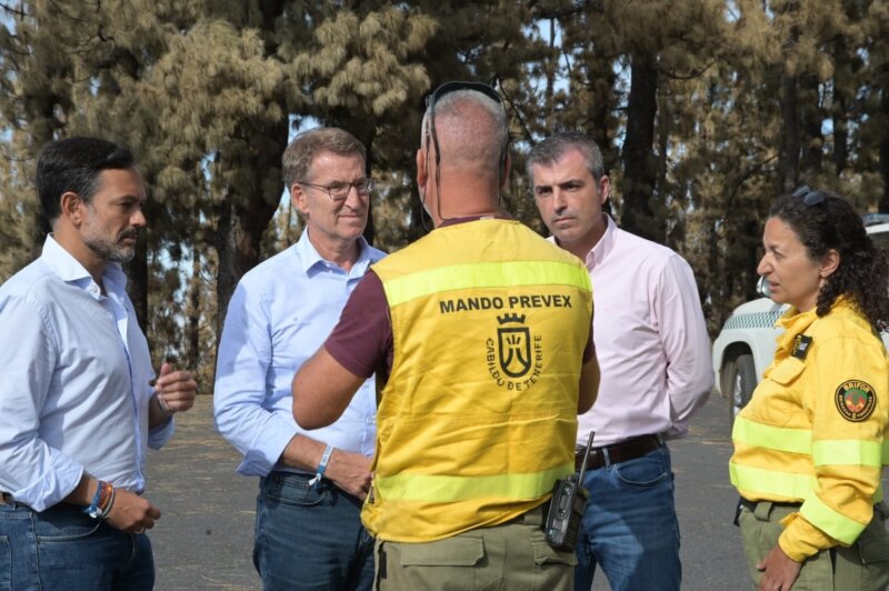 El presidente del PP y candidato a la presidencia del Gobierno, Alberto Núñez Feijóo, y el vicepresidente del Gobierno de Canarias y líder del PP canario, Manuel Domínguez, (en el centro) hablan con responsables del incedio del Cabildo de Tenerife. EUROPA PRESS 05/9/2023